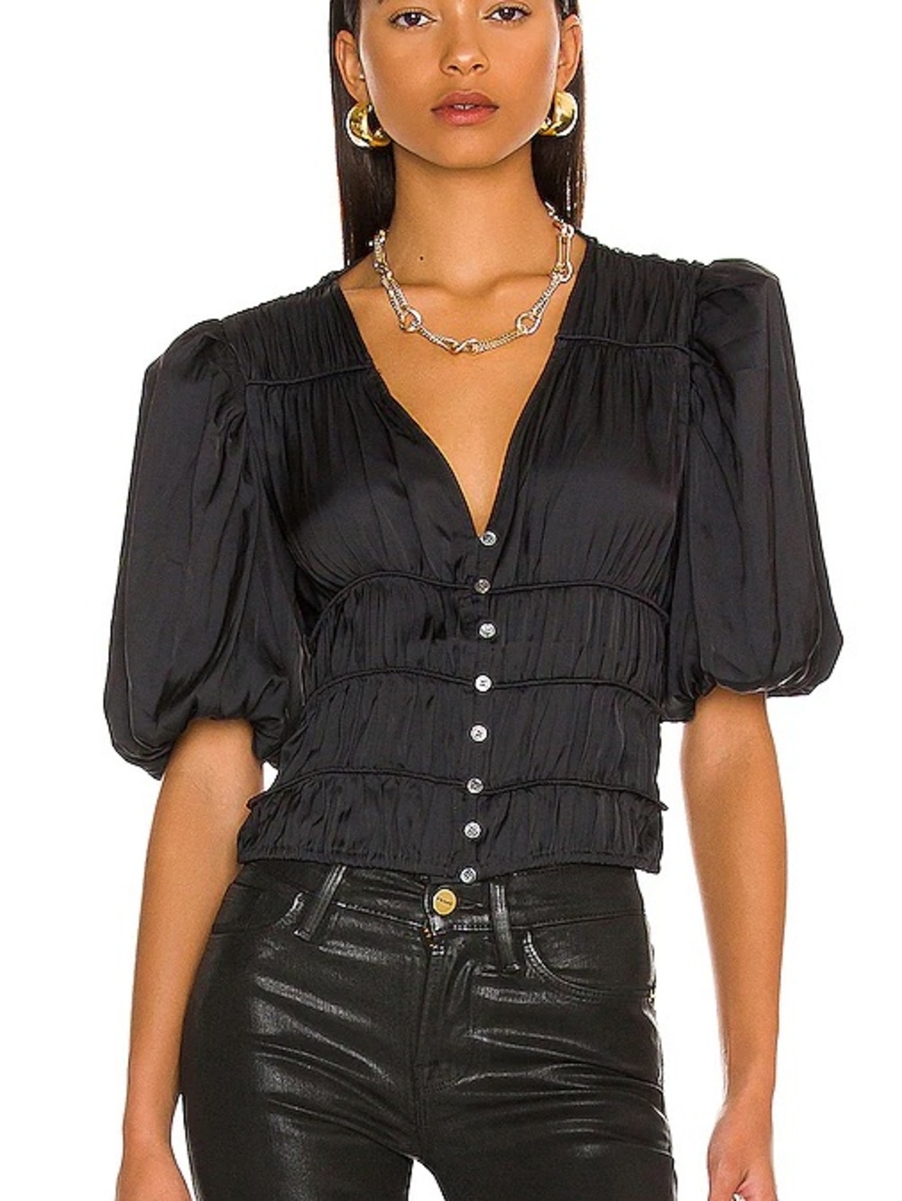 Frame Denim Black Puff-Sleeve Buttoned V-Neck Blouse